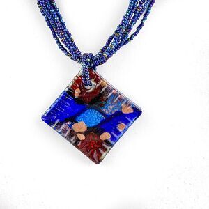 Artisan Glass Pendant Necklace Blue Iridescent Fused Metallic Shimmer Seed Beads
